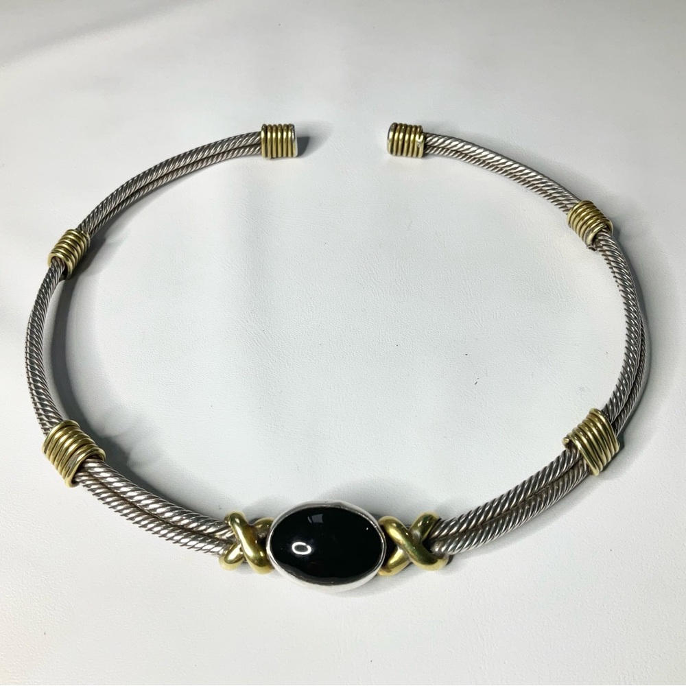 Vintage Sterling Silver Onyx Brass Mexico Rigid Collar Choker Necklace
